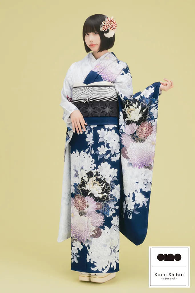 TAKAZENのレンタル振袖 Kami Shibai-story of- anoブランド振袖　紺色/ネイビー　乱菊柄/大柄　王道　正統派古典　綺麗系【通販可】K1252