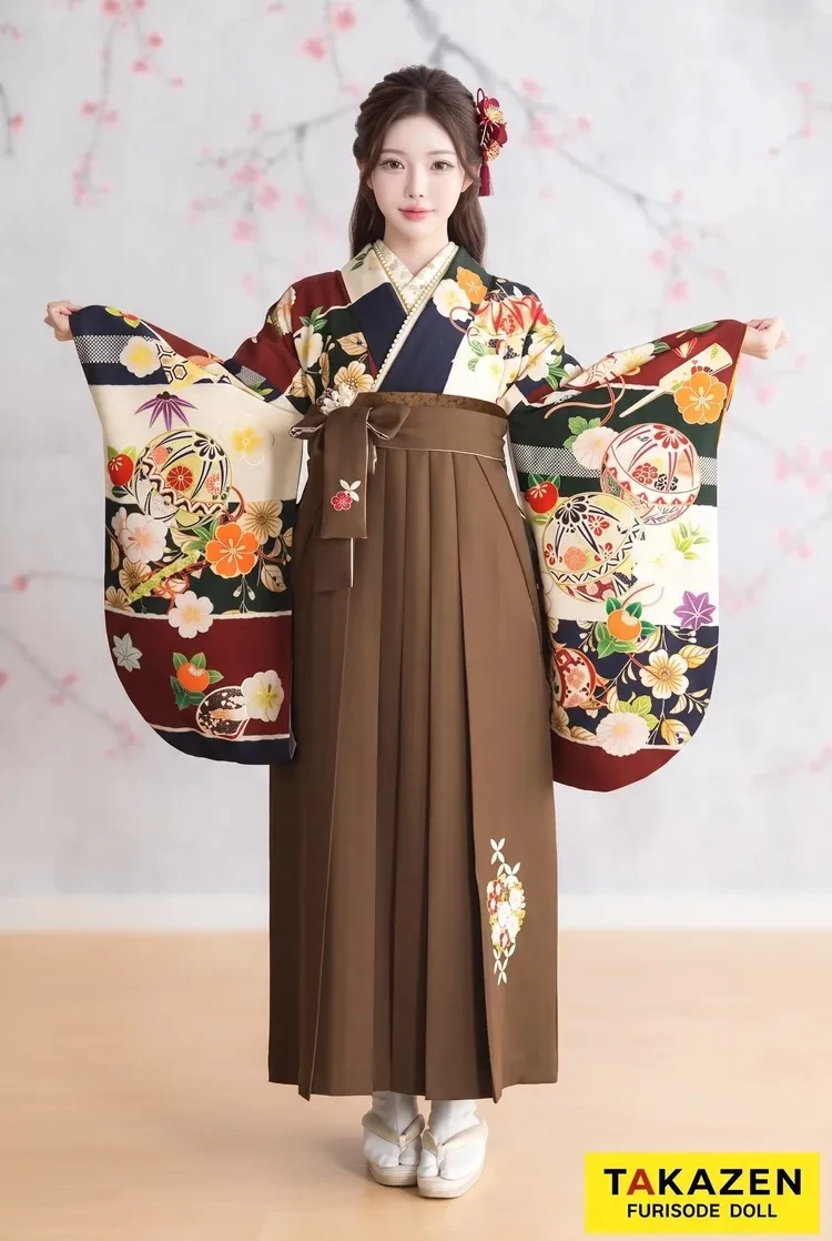 TAKAZENのレンタル袴 正統派古典 エンジ/青 今田美桜ブランド袴 鞠柄 清楚 王道 きれいめ 定番【通販可】K21010