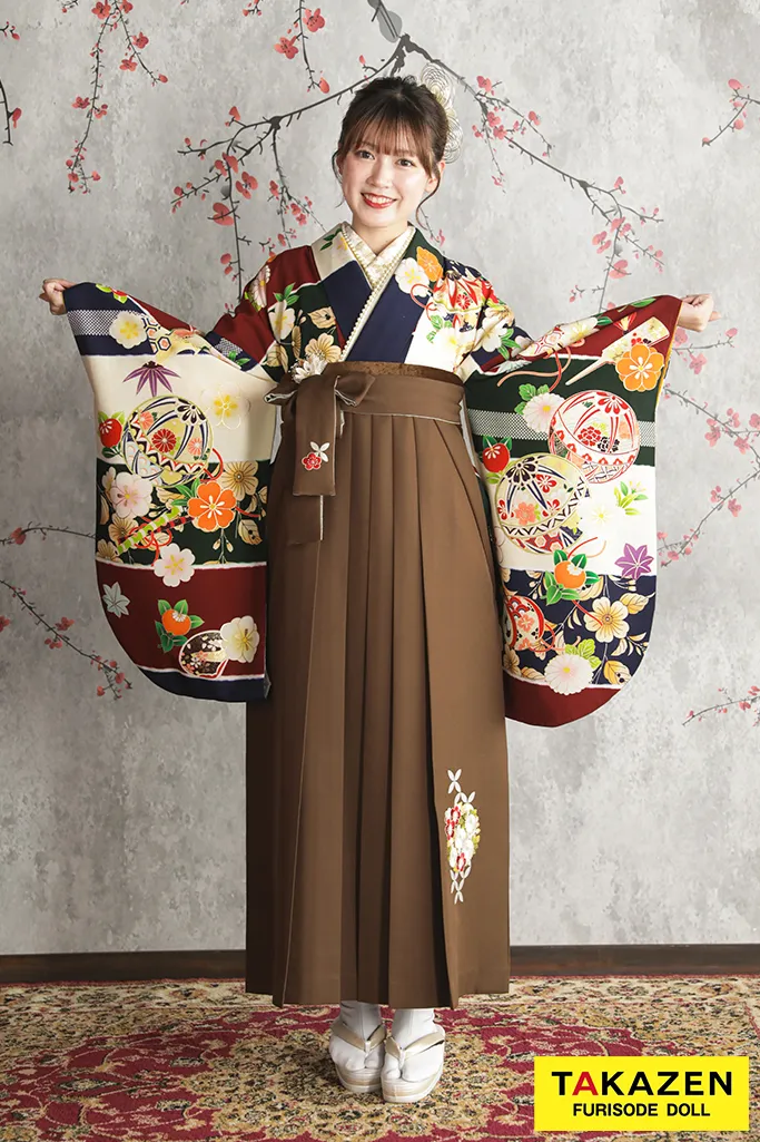 TAKAZENのレンタル袴 正統派古典　エンジ/青　鞠柄　清楚　王道　きれいめ　定番　今田美緒ブランド袴【通販可】K21010