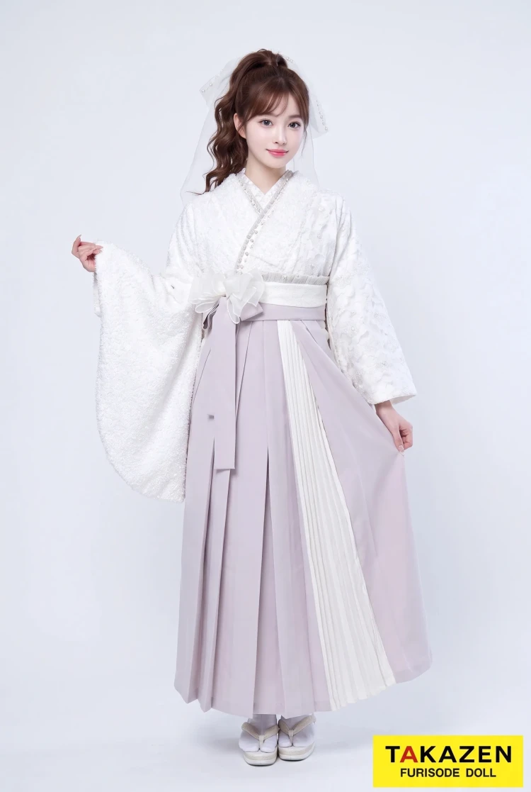 TAKAZENのレンタル袴 くすみカラーガーリー　白/淡い色　かわいい　シャギー素材　プリーツ袴　フェミニン【通販可】RY060