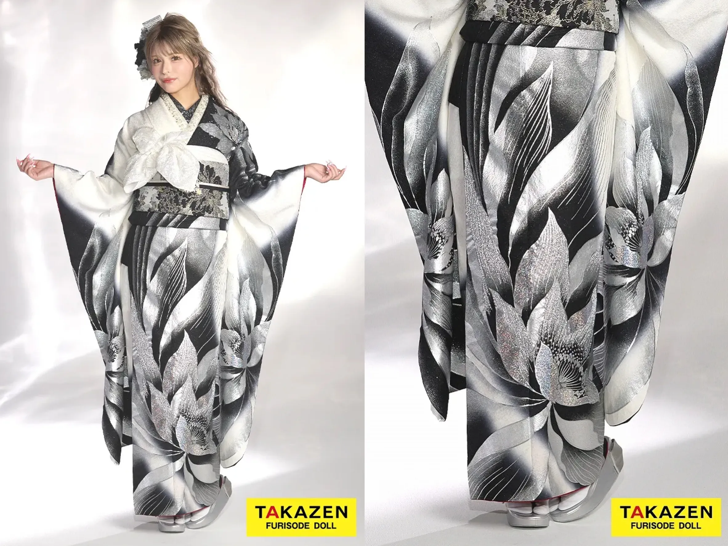 TAKAZEN　奈良　振袖　レンタル　イマドキ　かわいい　くすみ　レトロ　モード　キラキラ　オシャレ　かっこいい　ブランド　被らない　成人式　モード　黒/シルバー　牡丹柄/大柄　派手　クール系振袖　キラキラスワロフスキー付き　かっこいい　クール　ギャル　目立つ　今井アンジェリカ【通販可】24065