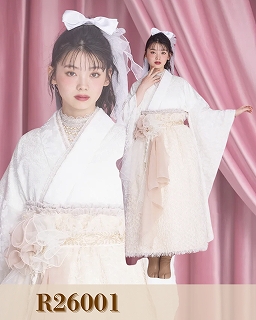 袴　前撮り撮影会　可愛い　おしゃれ　くすみカラー　白/オフホワイト　ドレス袴　シャギー素材　洋風　ガーリー　かぶらない　ブーツスタイル　かわいい　南琴奈【通販可】R26001