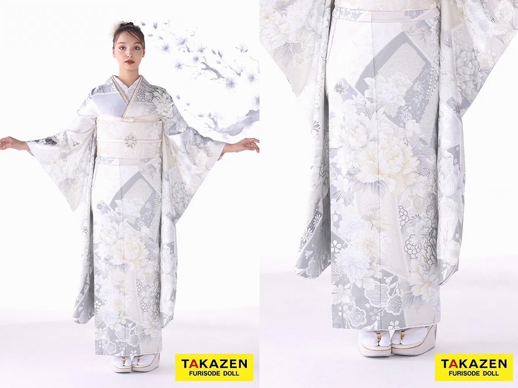 TAKAZEN　奈良　振袖　レンタル　イマドキ　かわいい　くすみ　レトロ　モード　キラキラ　オシャレ　かっこいい　ブランド　被らない　成人式　最新作粋古典　ライトグレー/ニュアンスカラー　牡丹柄/椿柄　透明感のある振袖　シック　大人っぽい　シンプル　香川るな【通販可】26073