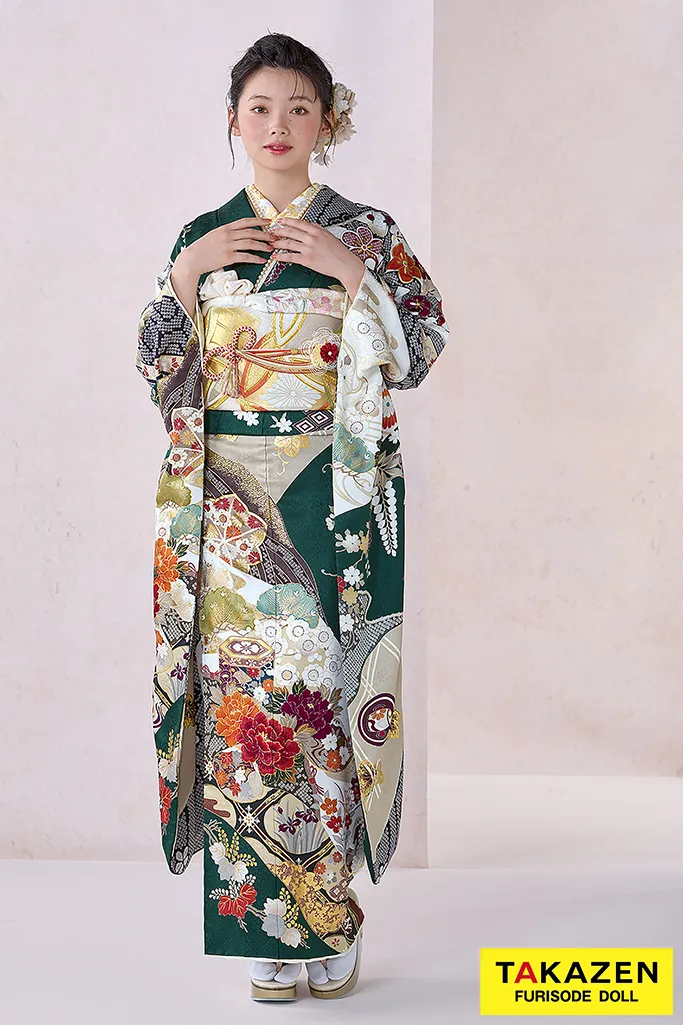 成人式振袖レンタル　緑　人気　大人っぽい　古典