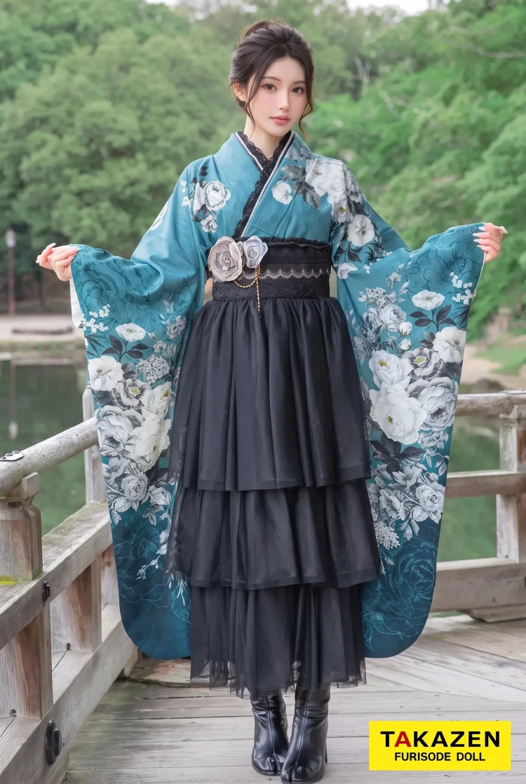 TAKAZENのレンタル袴 くすみカラーガーリー　JILL STUARTブランド袴　ターコイズブルー　レースインナーコーデ　ドレス袴　垢抜け【通販可】RY160