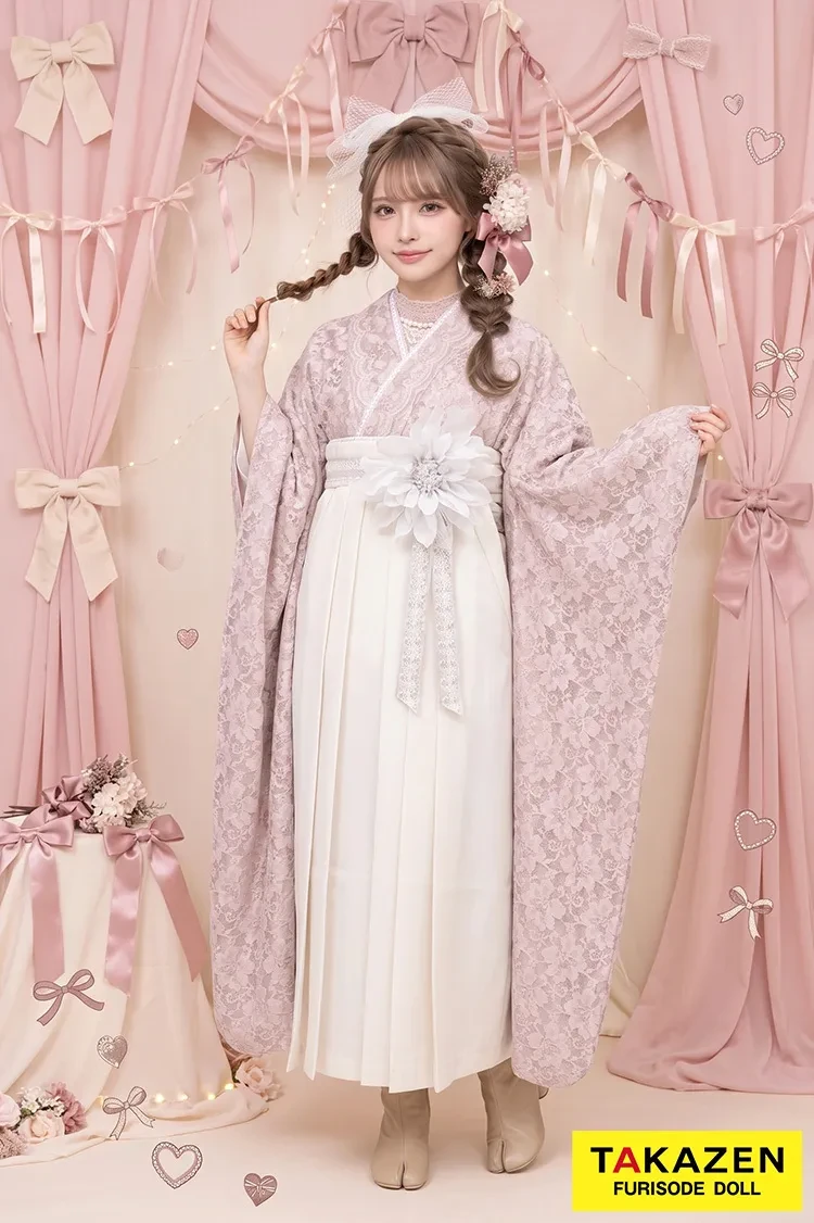 TAKAZENのレンタル袴 キュート＆ガーリー　ピンク/淡い色　くすみ系　ドレス袴　総レース　かわいい　ブーツスタイル　レースインナーコーデ【通販可】RY162