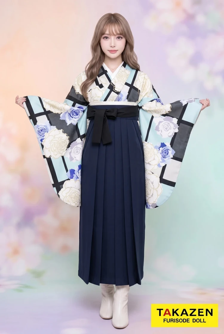 TAKAZENのレンタル袴 格安袴 セシルマクビー 水色 バラ柄 かわいい ブランド袴 おしゃれ【通販可】Y20