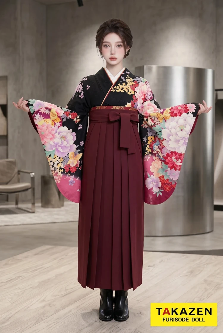 TAKAZENのレンタル袴 安い　正統派古典袴　黒地/ピンク　牡丹柄　大人っぽい　かっこいい【通販可】Y21