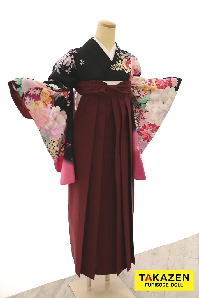 TAKAZENのレンタル袴 安い　正統派古典袴　黒地/ピンク　牡丹柄　大人っぽい　かっこいい【通販可】Y21