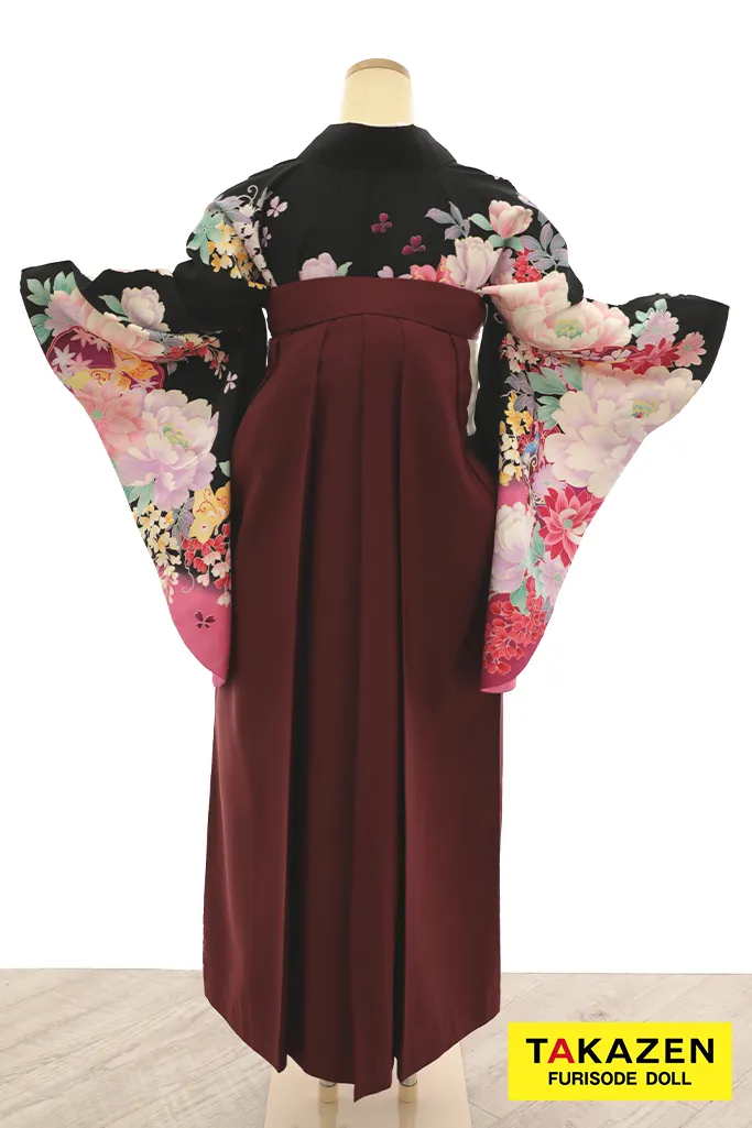 TAKAZENのレンタル袴 安い　正統派古典袴　黒地/ピンク　牡丹柄　大人っぽい　かっこいい【通販可】Y21