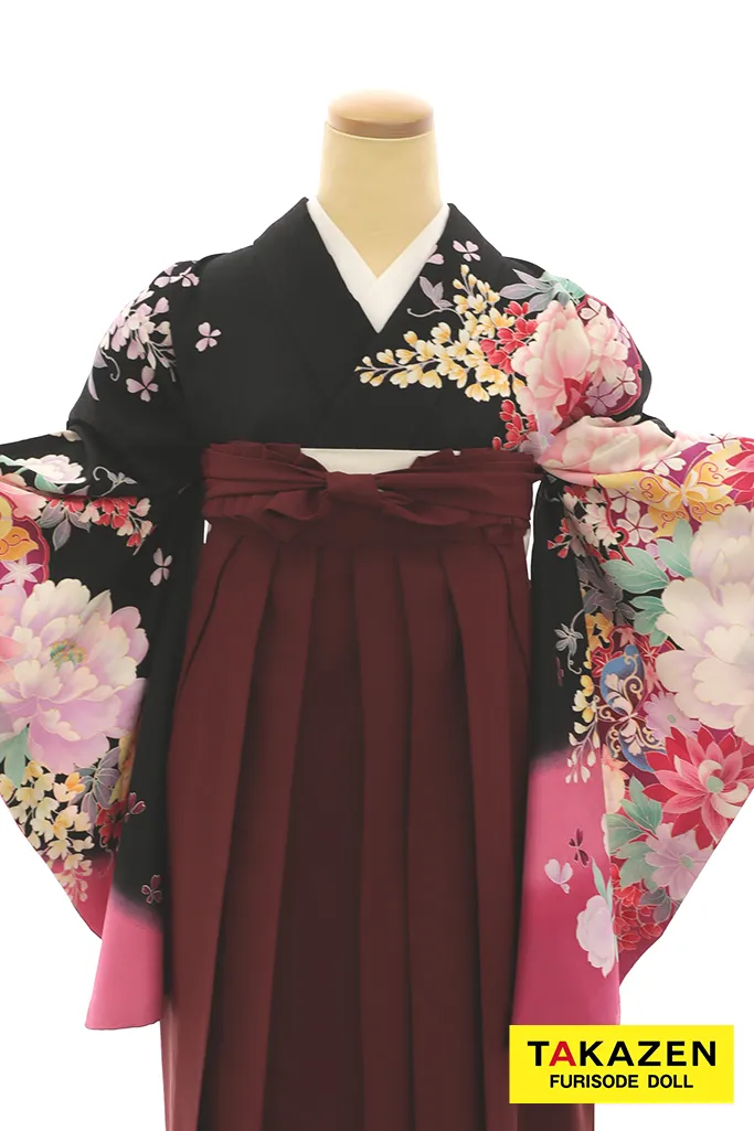 TAKAZENのレンタル袴 安い　正統派古典袴　黒地/ピンク　牡丹柄　大人っぽい　かっこいい【通販可】Y21