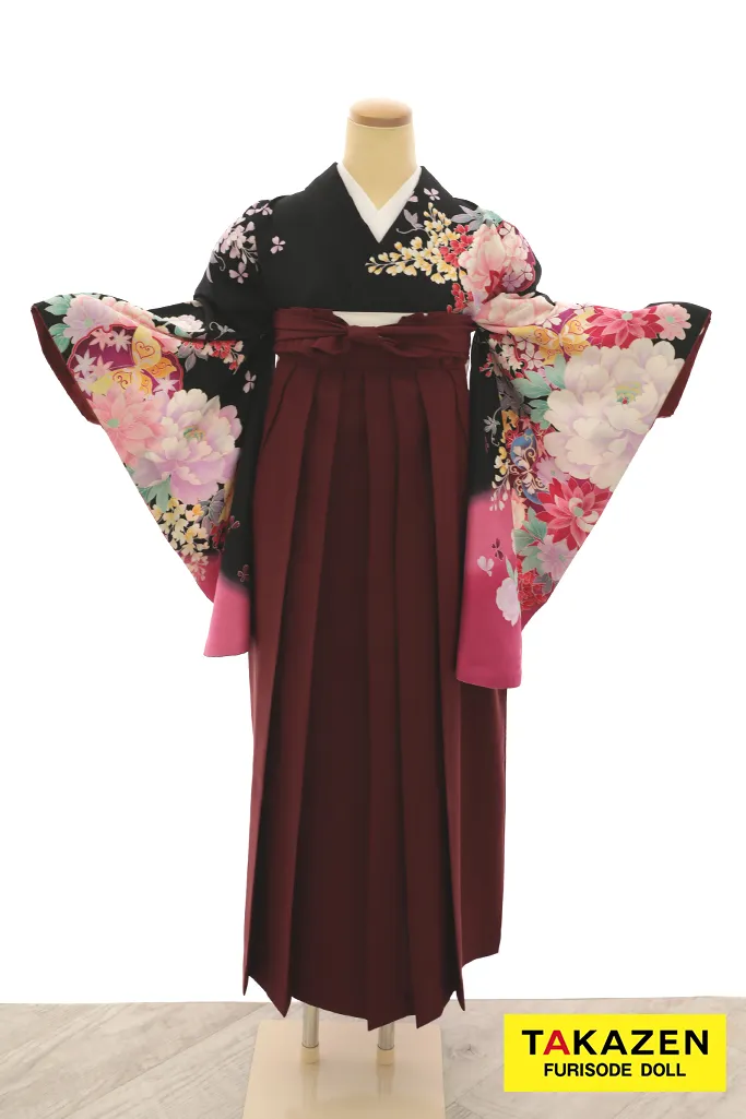 TAKAZENのレンタル袴 安い　正統派古典袴　黒地/ピンク　牡丹柄　大人っぽい　かっこいい【通販可】Y21
