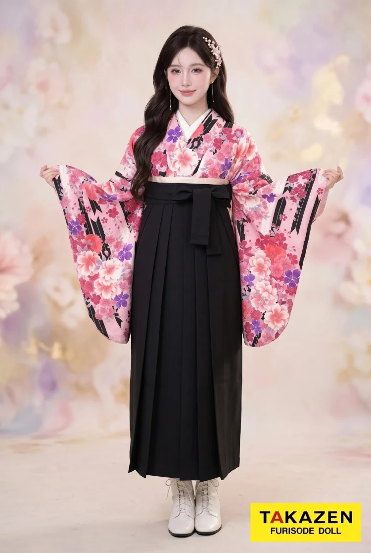 TAKAZENのレンタル袴 安い　正統派古典袴　ピンク　矢絣柄/桜柄　可愛い　清楚　おしとやか系【通販可】Y22