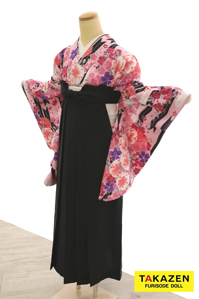 TAKAZENのレンタル袴 安い　正統派古典袴　ピンク　矢絣柄/桜柄　可愛い　清楚　おしとやか系【通販可】Y22