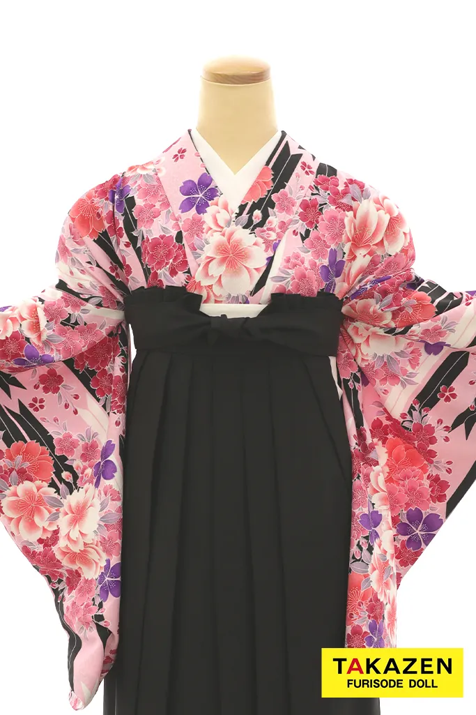 TAKAZENのレンタル袴 安い　正統派古典袴　ピンク　矢絣柄/桜柄　可愛い　清楚　おしとやか系【通販可】Y22