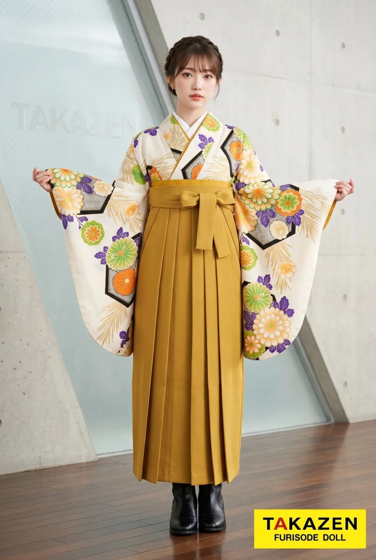 TAKAZENのレンタル袴 安い　正統派古典袴　クリーム　古典柄/亀甲柄　清楚　きれいめ【通販可】Y23
