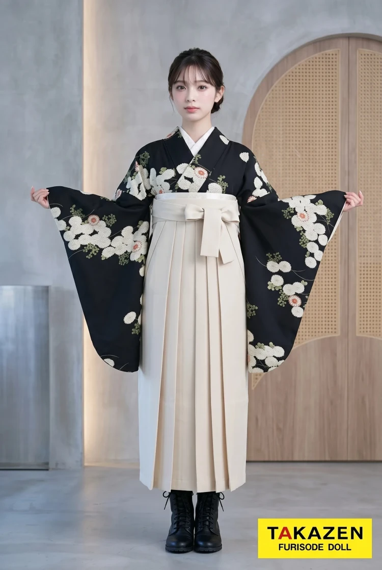 TAKAZENのレンタル袴 格安袴 正統派古典 黒 菊柄 シンプル すっきり 上品 おしとやか【通販可】Y26