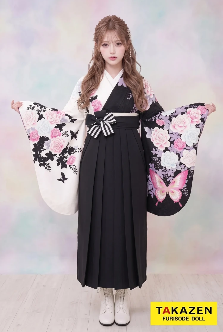 TAKAZENのレンタル袴 格安袴 地雷系 黒/白 牡丹柄 人とかぶらない 目立つ ガーリー【通販可】Y27