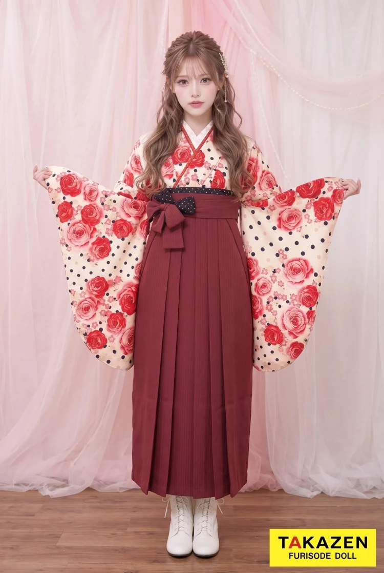 TAKAZENのレンタル袴 安い袴 キュート&ガーリー 白/ピンク 薔薇柄 かわいい系 ラブリー 人とかぶらない【通販可】Y30