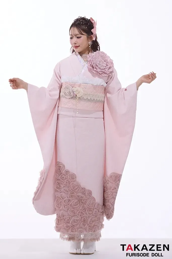 TAKAZEN　タカゼン　堺エリア　成人式振袖レンタル　ピンク振袖　可愛い　古典振袖　レース　キラキラ