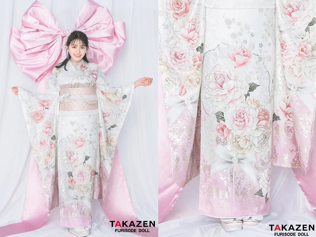 TAKAZEN　奈良　振袖　レンタル　かわいい　パール　スワロフスキー　キラキラ　バラ柄　リボン柄