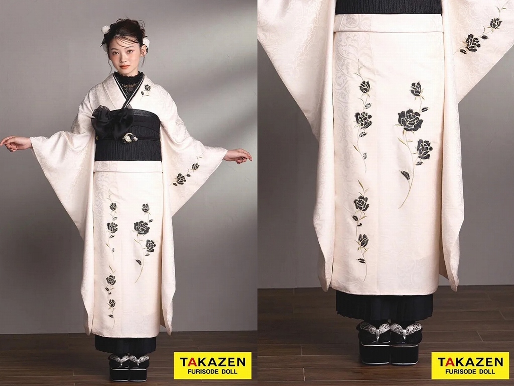 TAKAZEN　奈良　振袖　レンタル　かわいい　パール　スワロフスキー　キラキラ　バラ柄　リボン柄　ヴィンテージスタイル　ホワイト/白ベース　ワンポイント刺繍/スパンコール　かぶらない　個性的　おしゃれ振袖　シンプル　付け襟/プリーツスカート　南琴奈【通販可】24032
