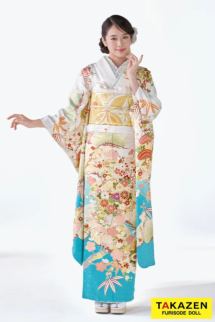 TAKAZEN　奈良　振袖　レンタル　成人式　プレミアム古典　吉澤織物/最高級金彩手描友禅/匠　白水色　おしとやか　爽やか　綺麗　上品　天翔天音