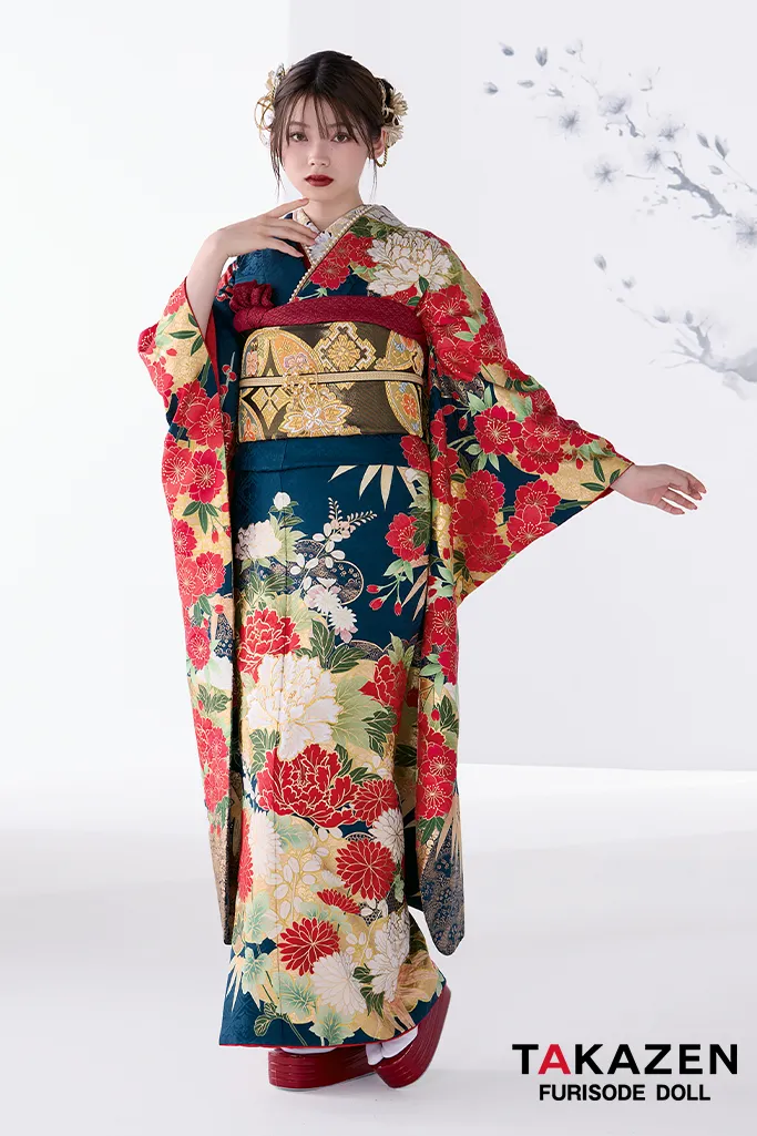TAKAZEN　奈良　振袖　レンタル　成人式　粋古典　紺/赤/ゴールド(金色)　牡丹柄/大柄　金彩刺繍京友禅　かっこいい　綺麗め　渋い古典振袖　豪華　南琴奈