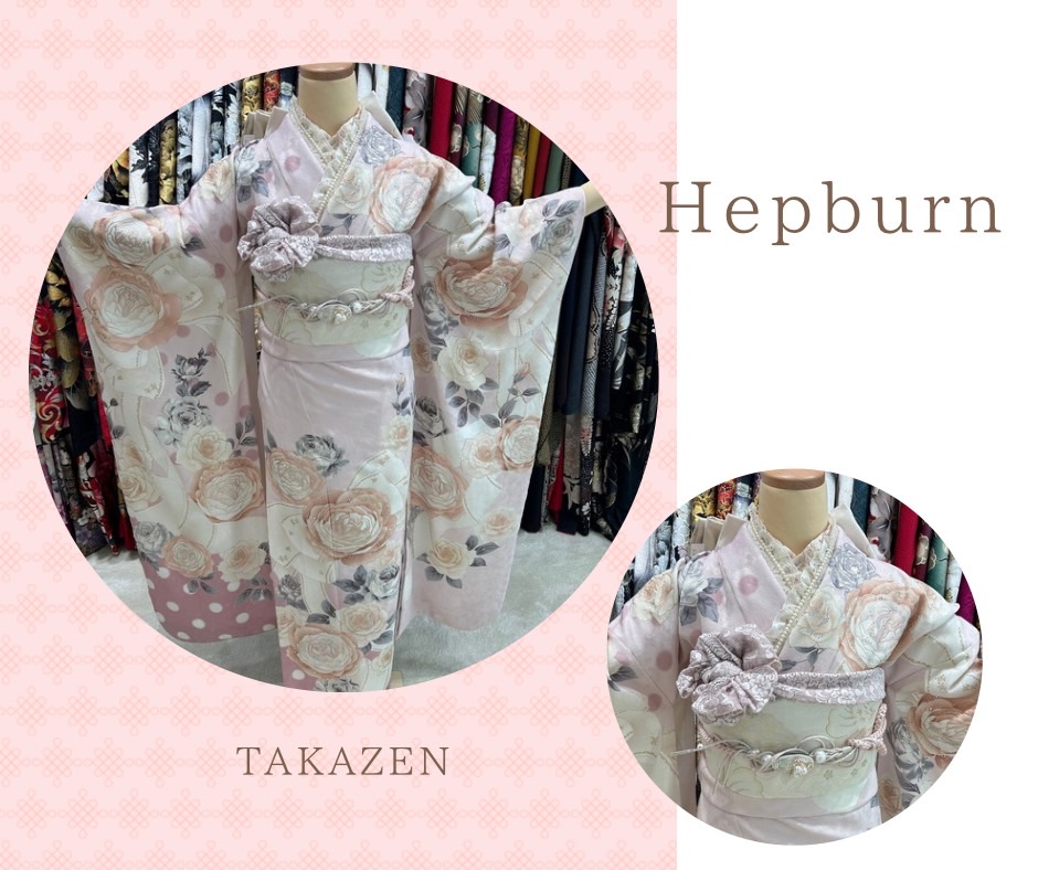 TAKAZEN神戸店　前撮り撮影会　イマドキ　カワイイ　コディネート　振袖　レンタル　袴　　ヘップバーンシリーズ　ピンク色