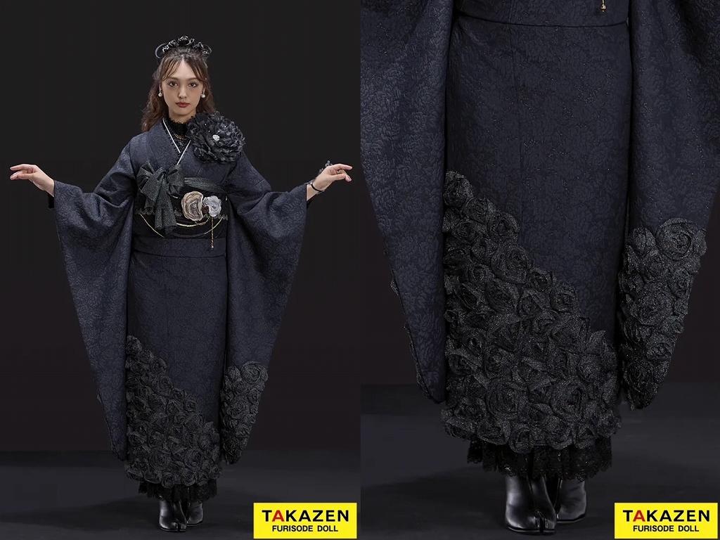 振袖　レンタル　奈良　帯　可愛い　アレンジ　華やか　綺麗　レトロモダン　黒/白/モノトーン　ストライプ柄　シンプル　アンティーク調　ブーツコーデ　個性的　今日好き♡あいさちゃん【通販可】LB18　最新作ヘップバーンローズ　黒　薔薇付き　立体花　ラグジュアリー　誰ともかぶらない　レースインナー/ブーツスタイル　オールブラックコーデ　香川るな【通販可】26007