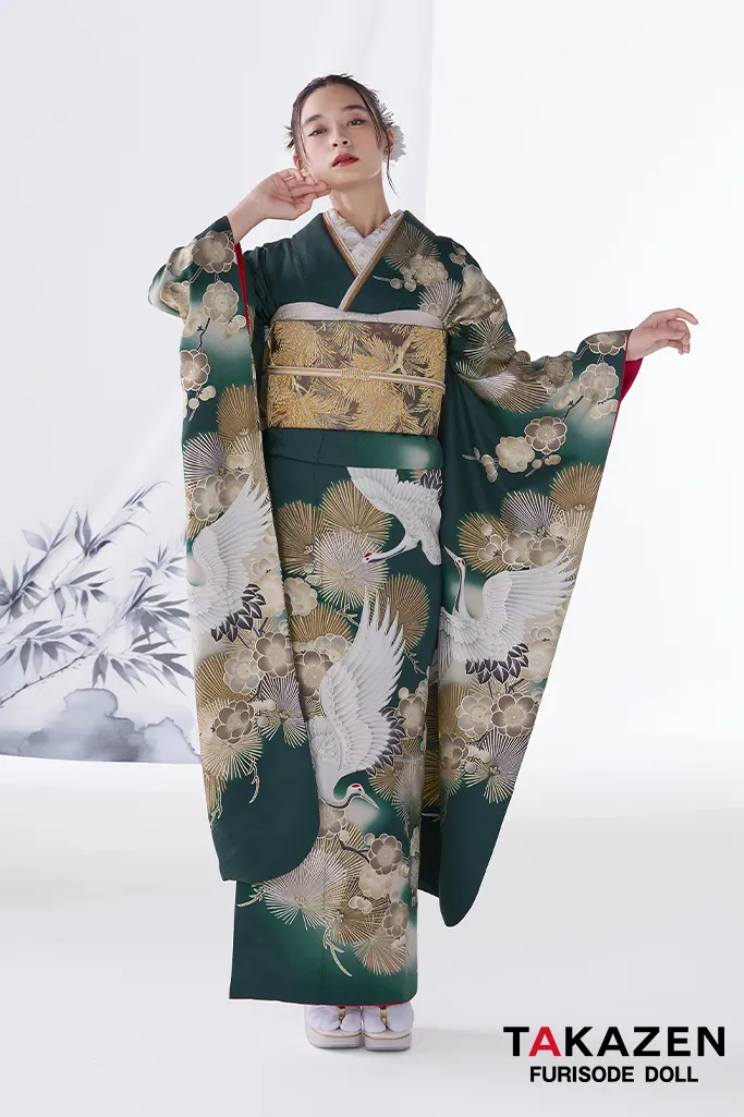 TAKAZEN　奈良　振袖　レンタル　成人式　粋古典　緑/金/グリーン　鶴柄/針松柄　金彩京友禅　かっこいい振袖　大人っぽい　シック　人気　渋い　弓ライカ