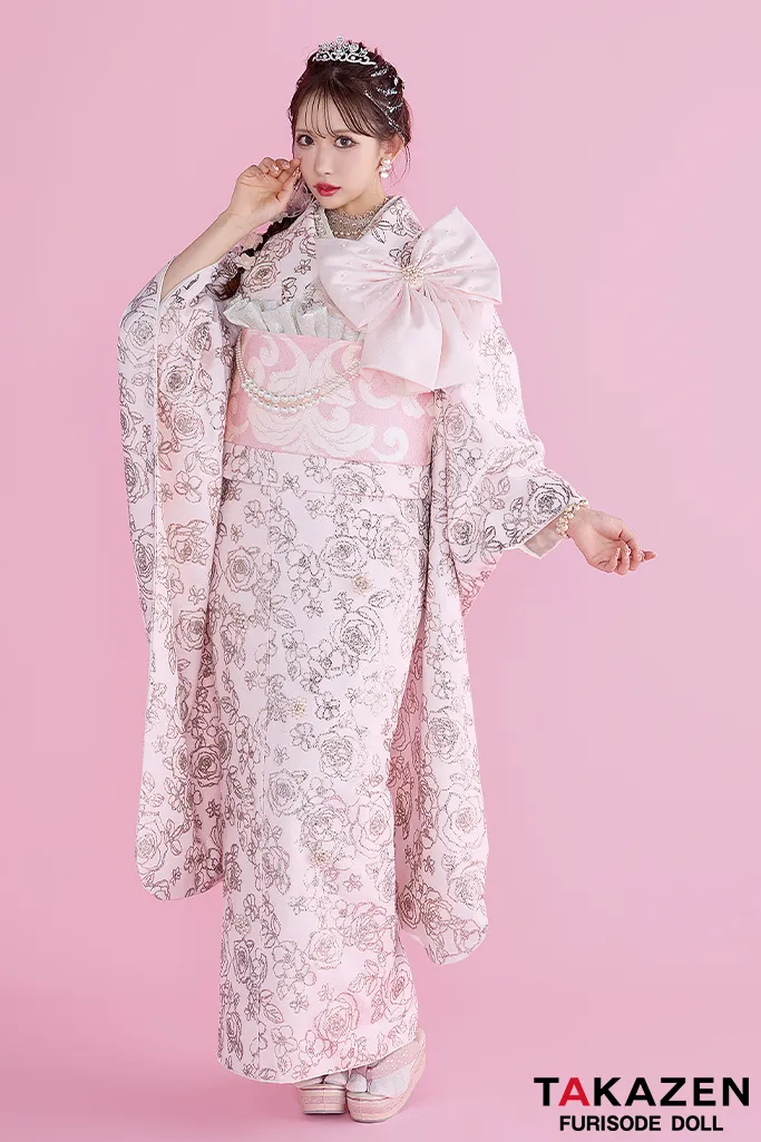 TAKAZEN　奈良　振袖　レンタル　ヘップバーンシュシュ　ピンク　バラ柄　グリッター　キラキラ振袖　リボン付き　圧倒的一番　かわいい　人気キャバ嬢ご用達　伊藤桃々