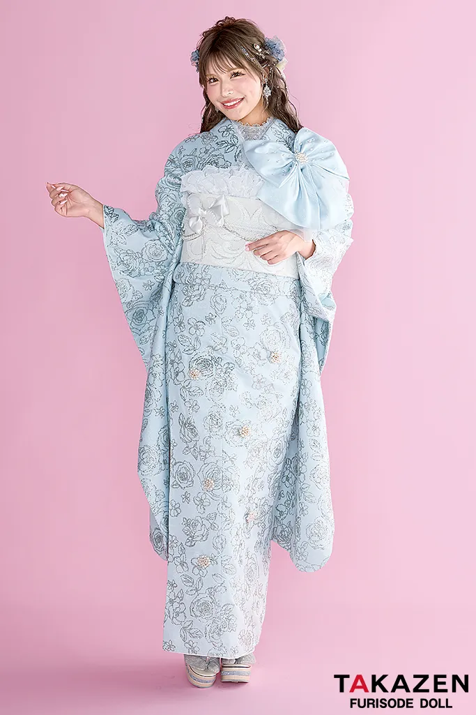 TAKAZEN　奈良　振袖　レンタル　ヘップバーンシュシュ　水色　バラ柄　キラキラ振袖　グリッター　リボン付き　一番かわいい　派手　目立つ　人気キャバ嬢ご用達　今井アンジェリカ