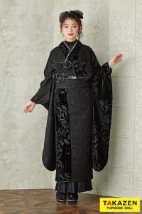 振袖　レンタル　くすみカラーレトロ　黒　ジャガード生地/ベルベット　お洒落　アンティーク調　レースインナー/プリーツスカート　南琴奈【通販可】25014