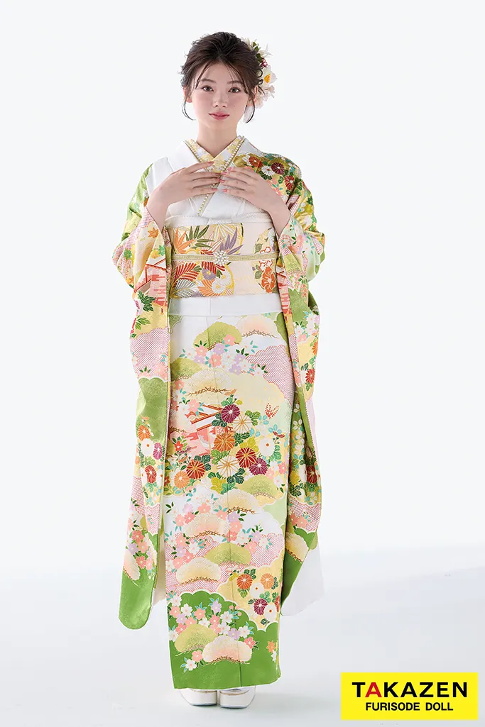 TAKAZEN　奈良　振袖　レンタル　成人式　プレミアム古典　吉澤織物/文楽・人間国宝　吉田蓑助の世界 　最高級金彩手描友禅　白/黄緑　かわいらしい　上品　南琴奈【通販可】26030