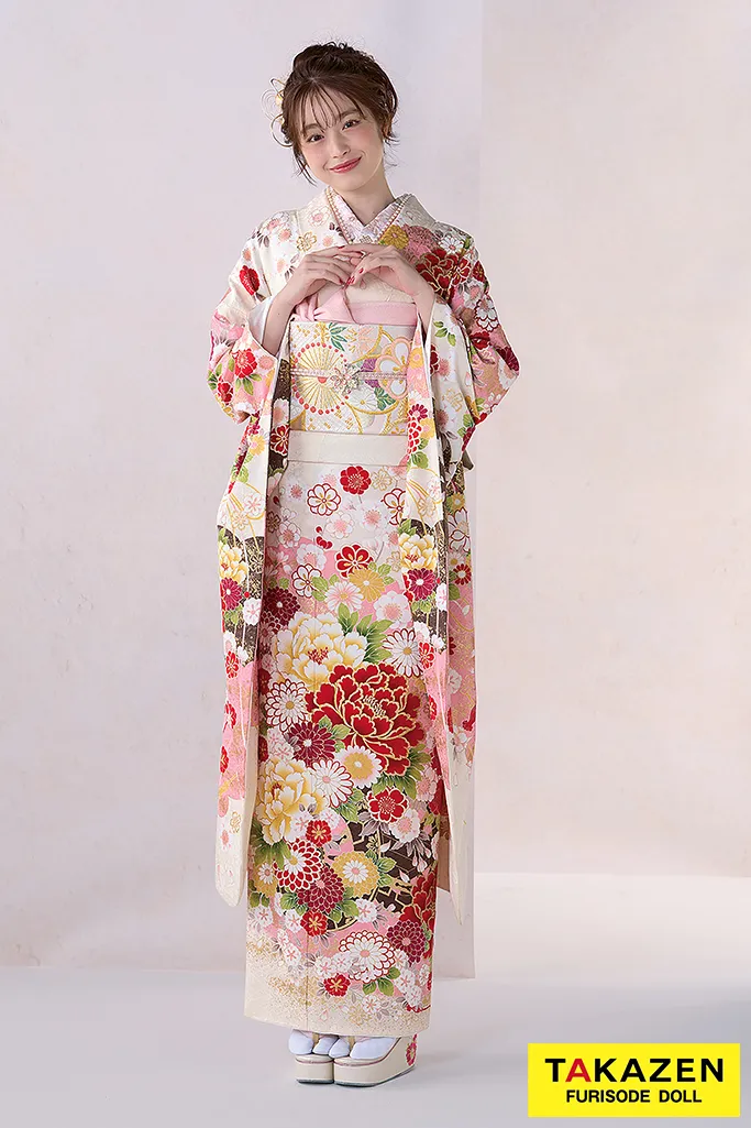 TAKAZEN　奈良　振袖　レンタル　成人式　正統派古典　白ピンク　牡丹柄　かわいい振袖　金彩刺繍京友禅　女の子らしい　人気　伝統的　葛西杏也菜