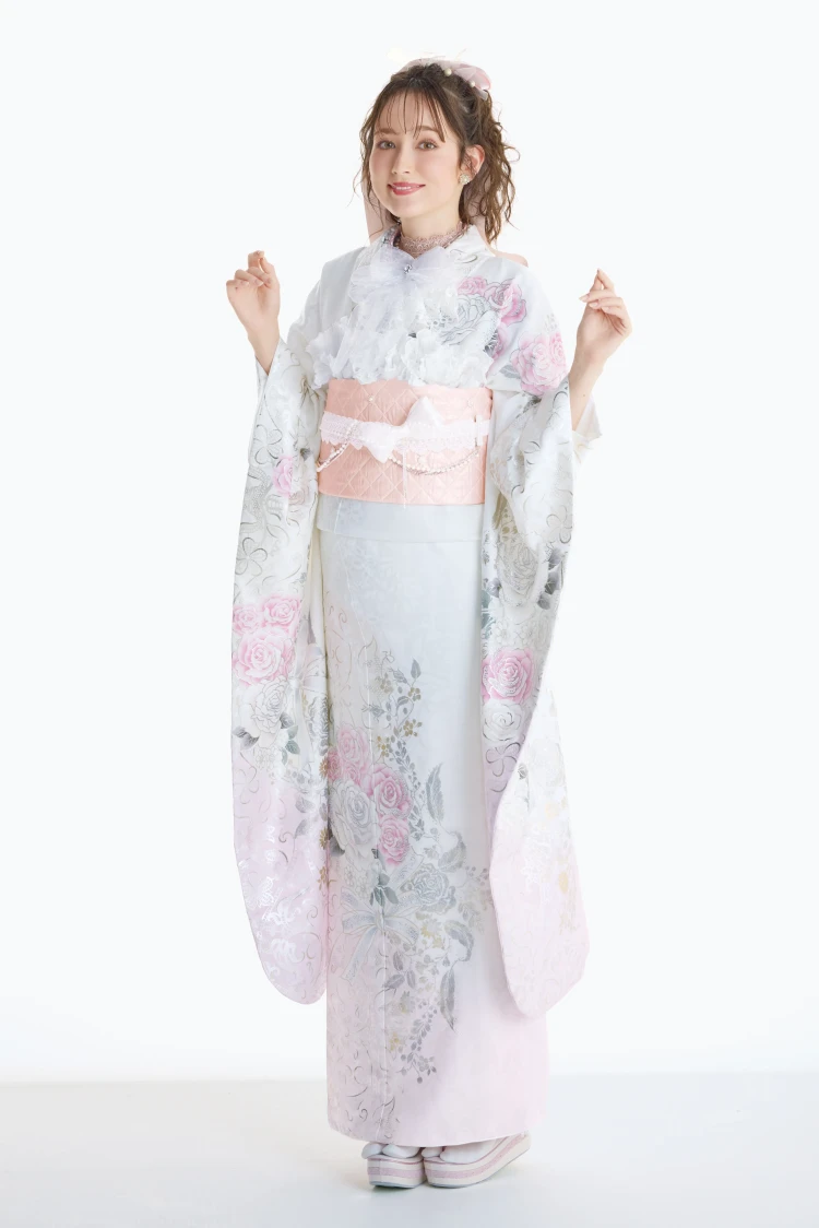 成人式振袖レンタル ヘップバーン ローズ エレガント 白ピンク かわいい