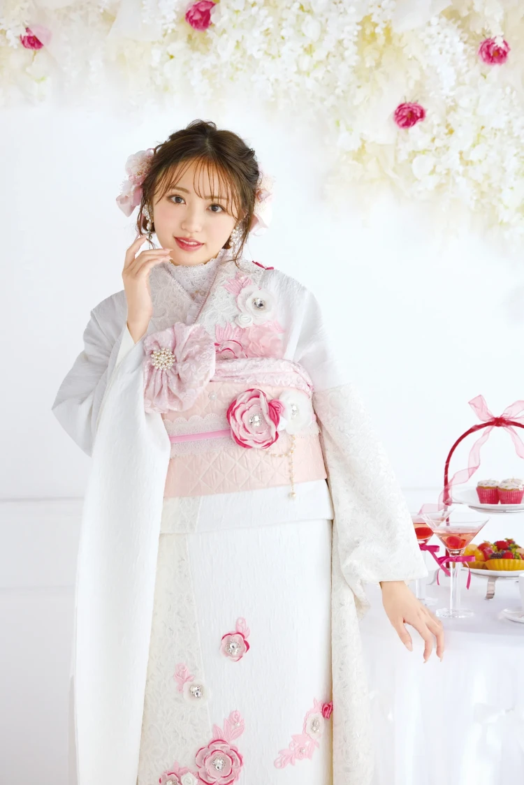 成人式振袖レンタル ヘップバーン ミニョン 立体花 かわいい 白ピンク