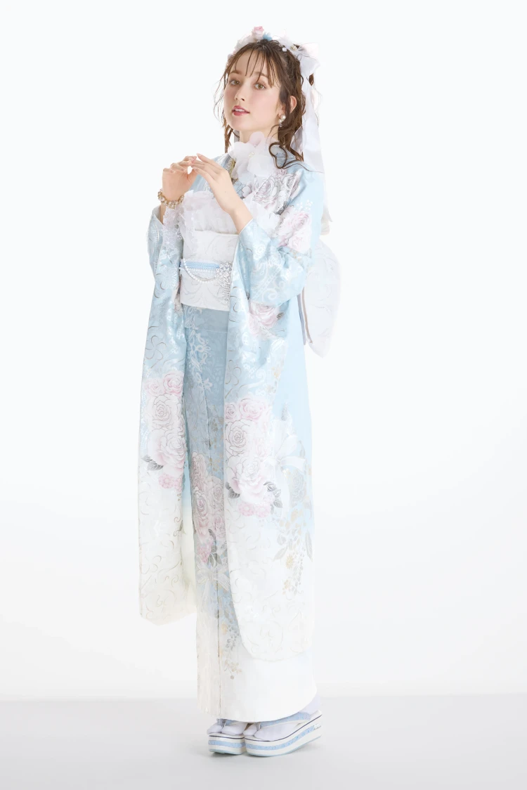 成人式振袖レンタル ヘップバーン ローズ エレガント 水色