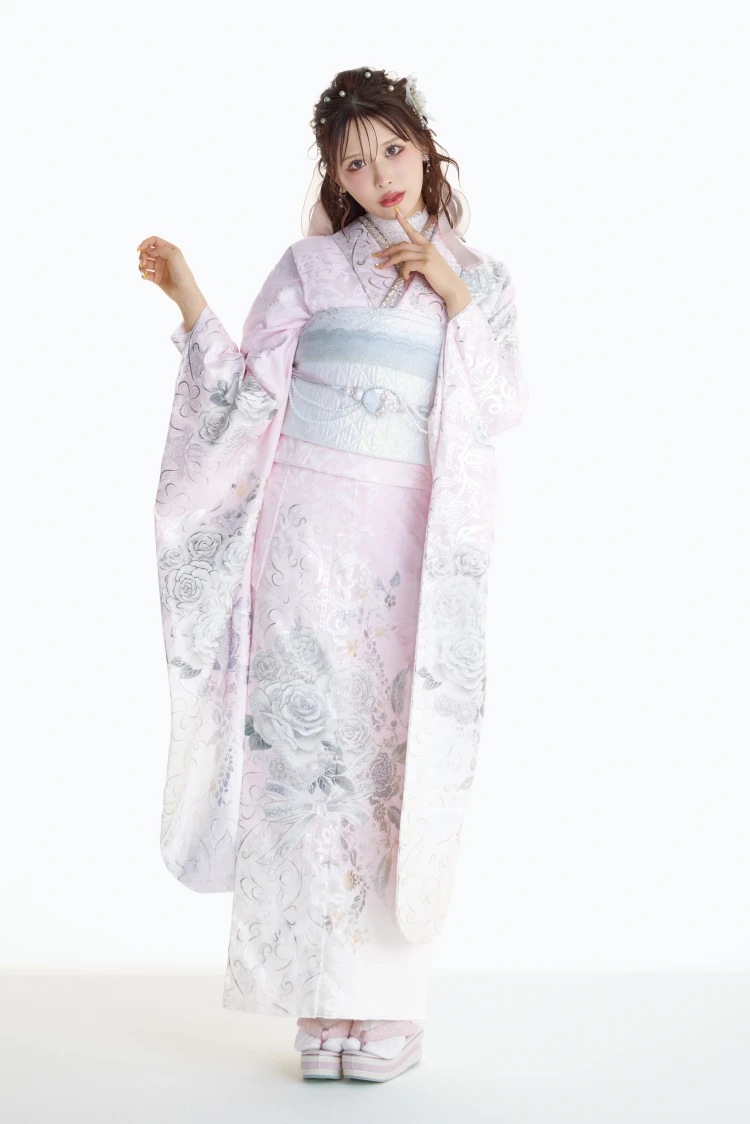 成人式振袖レンタル ヘップバーン ローズ エレガント 白ピンク かわいい