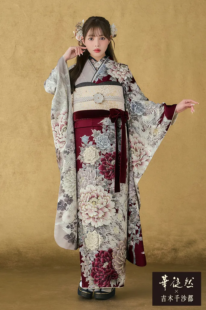 TAKAZENのレンタル振袖 華徒然×吉木千沙都ブランド振袖　エンジ　古典柄　豪華　華やか　大人っぽい　かっこいい【通販可】K1260