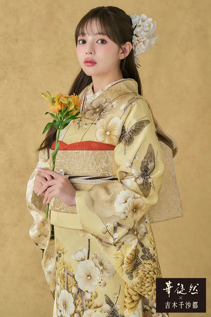 TAKAZENのレンタル振袖 華徒然×吉木千沙都ブランド振袖　イエロー/からし　古典柄　大人っぽい　上品　お洒落　個性的　きれい系【通販可】K1265
