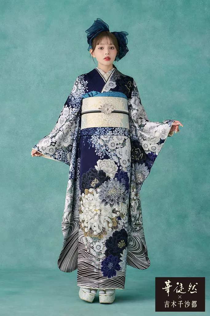 TAKAZENのレンタル振袖 華徒然×吉木千沙都ブランド振袖　青/ブルー　流水模様/古典柄　上品　大人っぽい　豪華　きれい系【通販可】K1269
