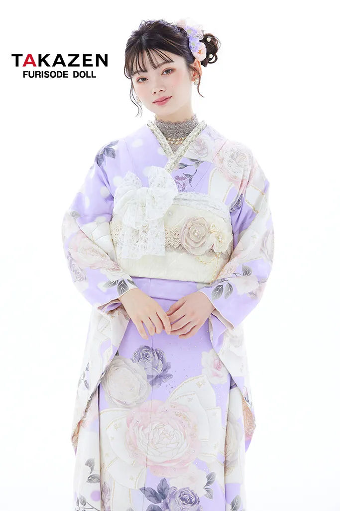 TAKAZEN　奈良　振袖　レンタル　成人式　ヘップバーンシャネルカラー　薄紫/ピンク/淡い色　おしゃれな振袖　バラ/リボン柄　スワロフスキー付き　セレブ　エレガント　南琴奈