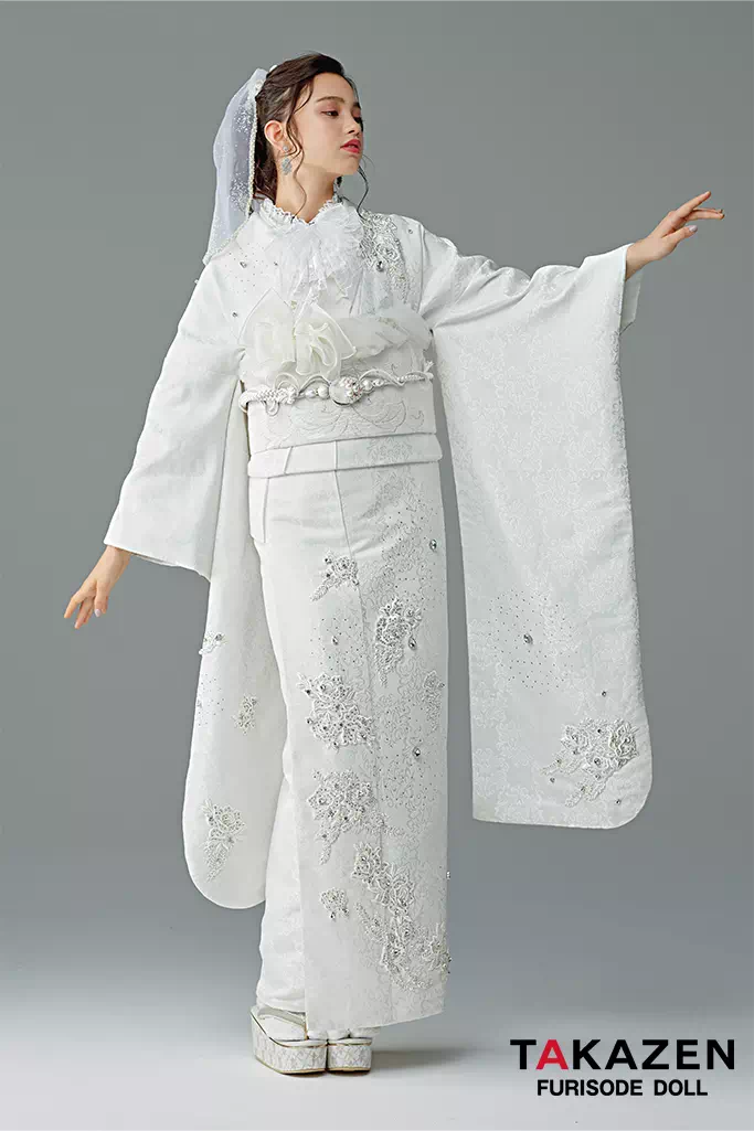 振袖レンタル　成人式　なんば　心斎橋　天王寺　大阪　人気　ニュースタイルデビュー“ブラックレーベル”　白/ホワイト　ジャガード生地/ケミカルレース　ビジュー付き　エレガント　リボンアレンジ