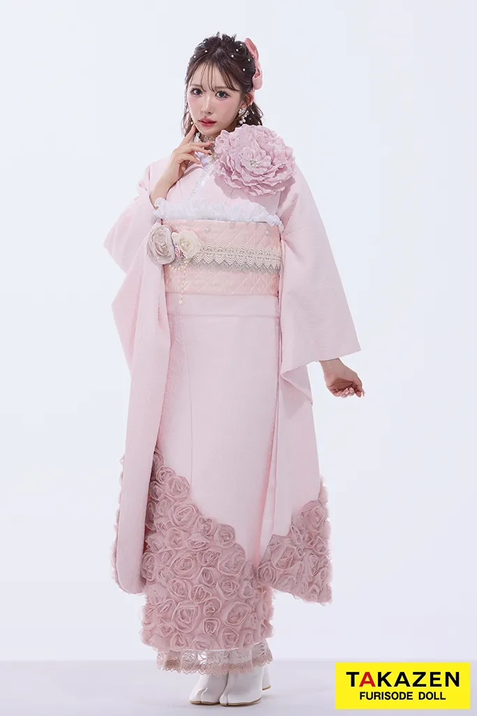 TAKAZEN　奈良　振袖　レンタル　成人式　ヘップバーンローズ　ピンク　薔薇付き　立体花　かわいい　エレガント　人とかぶらない　ガーリー　レースインナー/ブーツスタイル　伊藤桃々