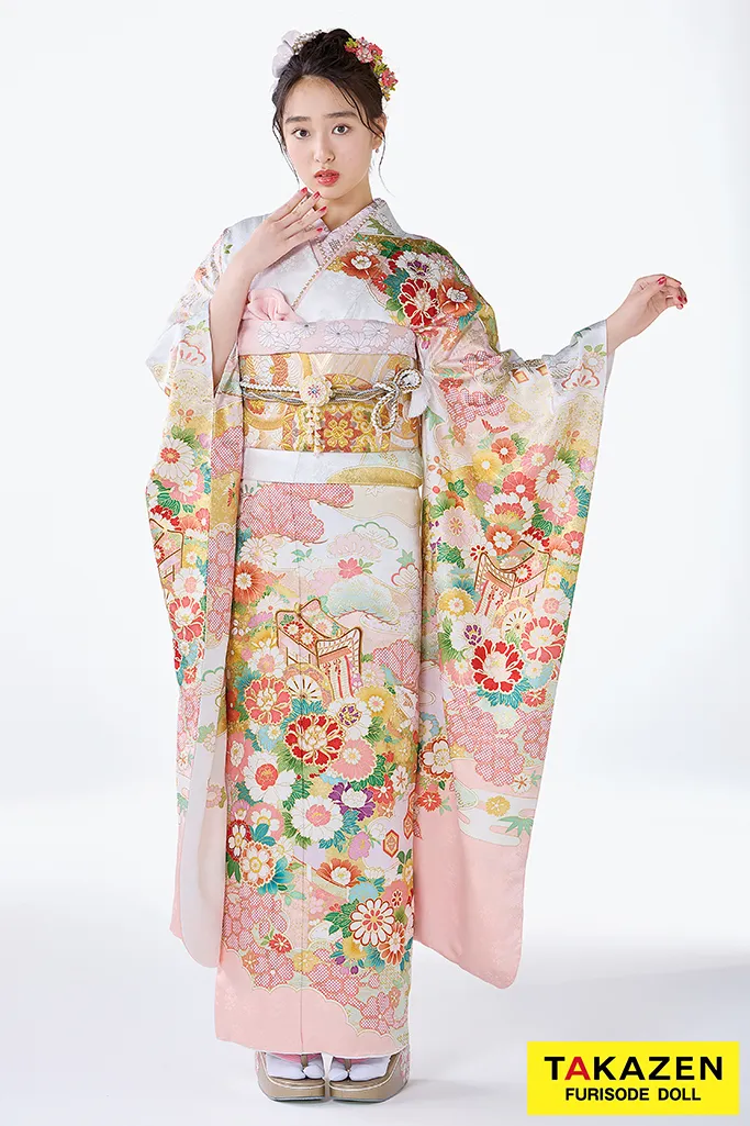 TAKAZEN　奈良　振袖　レンタル　成人式　プレミアム古典　吉澤織物/最高級金彩手描友禅　白ピンク　かわいい　吉祥の晴れ着　田中優子の世界　藤岡舞衣