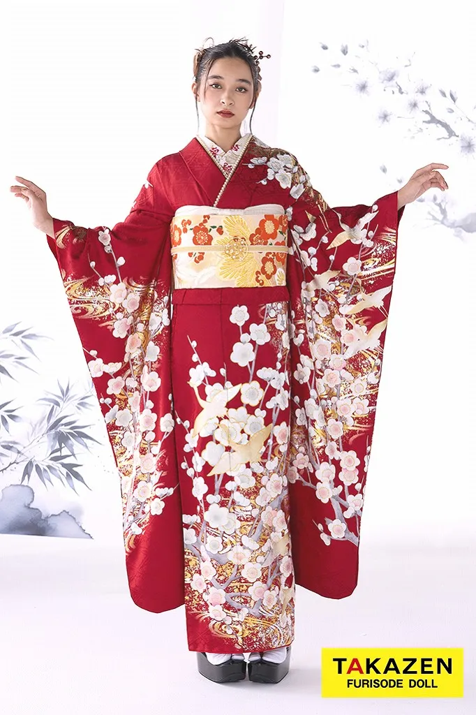 振袖レンタル　粋古典　赤/白　鶴柄/梅柄/流水模様　大人っぽい振袖　かっこいい　綺麗　華やか　弓ライカ【通販可】26072