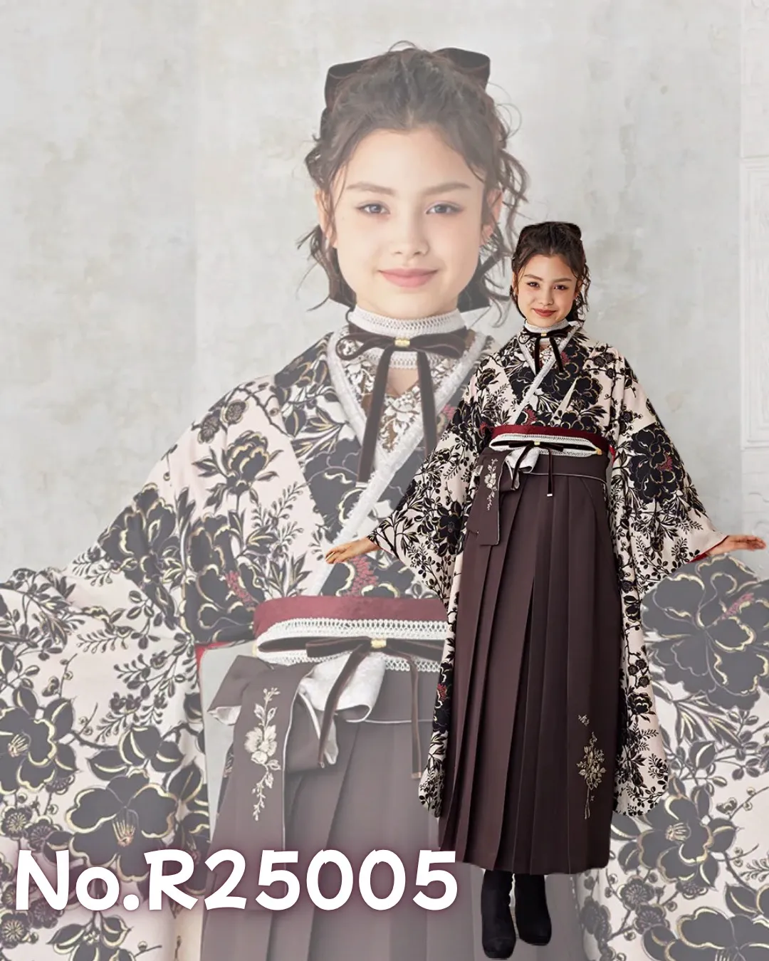 袴　前撮り撮影会　可愛い　おしゃれ　ストリートスタイル　HIROCKコラボ袴　カーキ　迷彩　レザー袴　かっこいい　ブーツコーデ【通販可】GH8　くすみカラーレトロ　ベージュ/ダスティーカラー　牡丹柄　アンティーク調　人気　チョーカー/ブーツコーデ【通販可】R25005