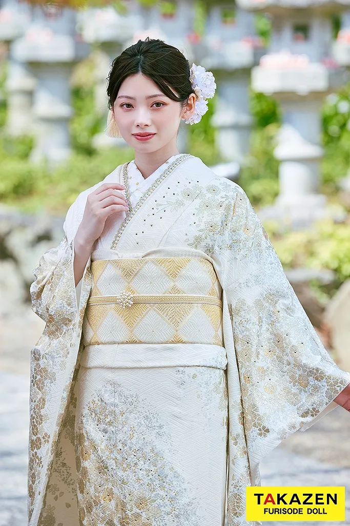 TAKAZEN　奈良　振袖　レンタル　成人式　高級古典　白金/白地　桜柄　きれいめ　柄小さめ　エレガント　上品　綺麗系　はんなり